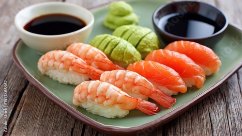 Sushi with salmon and shrimp on plate