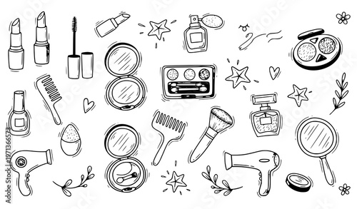 A collection of beauty and makeup products in a minimalist line art style