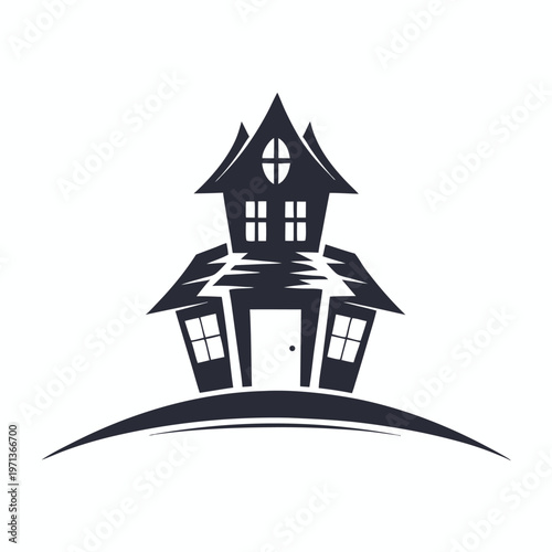 Two monochrome solid haunted houses on a hill illustration