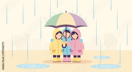 Three children in colorful raincoats standing together under a large umbrella