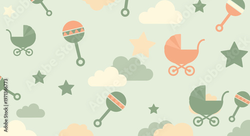 Seamless pattern with baby strollers, rattles, clouds and stars