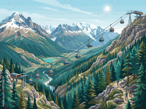 Vector illustration of a mountain landscape with a cable car, snow peaks, and hikers. Ideal for travel, tourism, adventure, and outdoor recreation themes. Peaceful, scenic view.