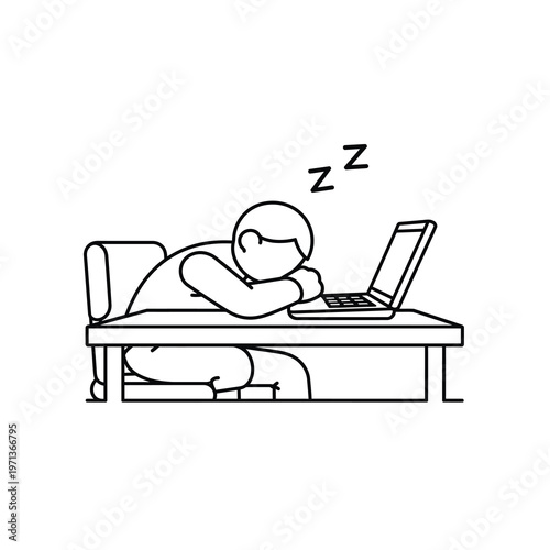 Vector of a man sleeping in bed with a laptop in front of him