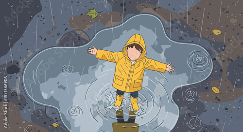 Child in a yellow raincoat playing in a puddle during a rainy day