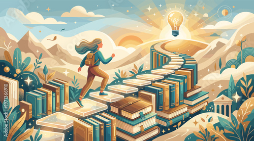 Inspirational illustration of a woman climbing a stairway of books towards a lightbulb. Metaphor for education, knowledge, personal growth, and achieving goals through learning.