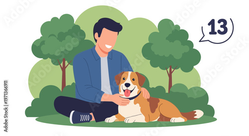 Man sitting in the park with his dog, happy pet owner petting his dog