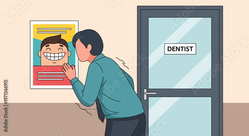 Nervous man waiting outside a dentist office looking at a poster
