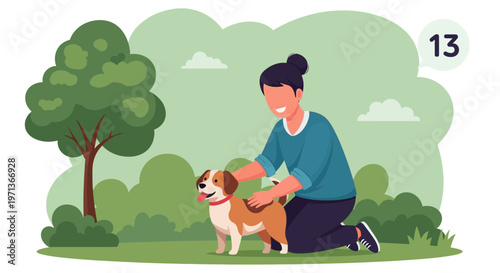 A woman kneeling in a park and petting her happy dog outdoors