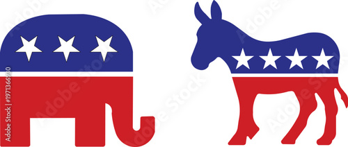 Republican Elephant & Democratic Donkey Symbols in Red, White, and Blue: US Political Party Logos