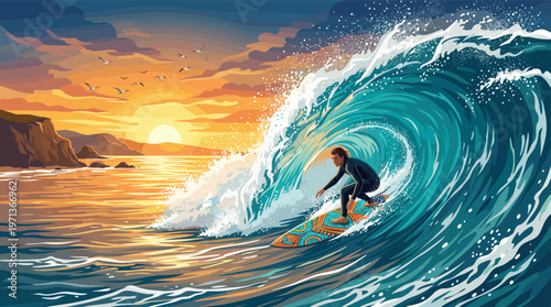 A dynamic illustration of a surfer skillfully riding a massive turquoise wave during a golden sunset. Perfect for adventure, travel, and extreme sports themes. Energetic and vibrant.