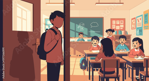 Student standing at the classroom door looking at classmates