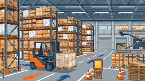 Vector illustration of a modern warehouse interior. Forklift, racks, conveyor belt, and scanner show logistics, supply chain, and e-commerce fulfillment concepts.
