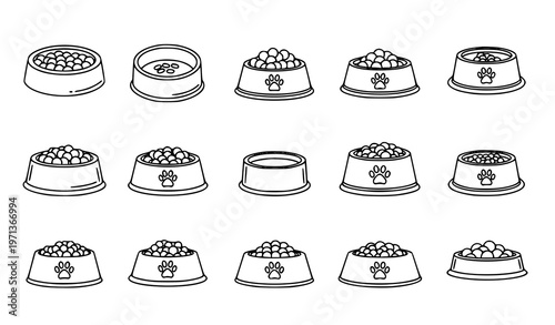 Dog Food Bowl Outline Icon Set Pet Kibble Paw Vector Collection