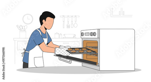 Young man wearing an apron and oven mitts putting a tray of cookies in the oven
