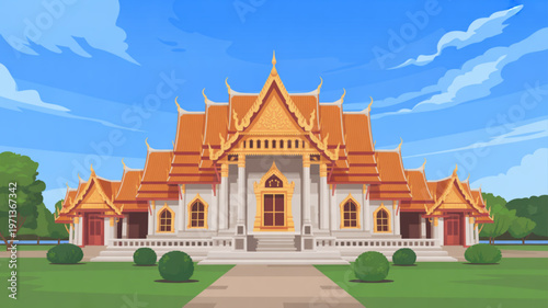 Traditional thai temple with orange roof and white walls in a serene garden landscape