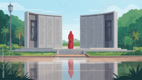Person in red dress standing before two large stone memorial gates in a serene park with reflective pool and lush greenery