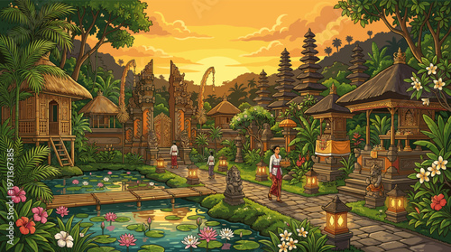 A serene illustration of a traditional Balinese temple at sunset. Features lush jungle, a lily pond, and people in cultural attire. Ideal for travel, culture, or wellness themes.