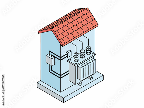 Isometric Electrical Substation Building and Power Transformer