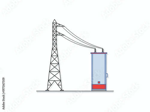 Electricity pylon connected to power transformer substation vector