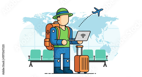 Digital nomad traveler working on laptop at airport terminal with world map