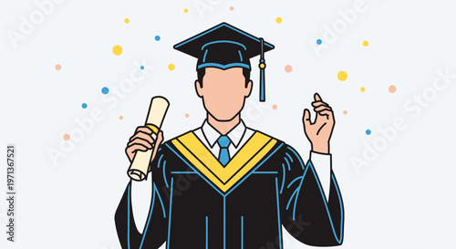 Illustration of a graduate student wearing a cap and gown holding a diploma