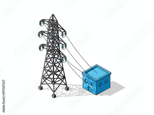 Isometric High Voltage Electricity Tower and Power Building