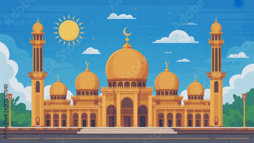 Vibrant orange mosque with domes and minarets under sunny blue sky with white clouds