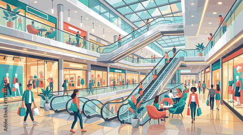 Vector illustration of a bright shopping mall with diverse people on escalators. Ideal for retail, consumerism, and urban lifestyle concepts for web and print.