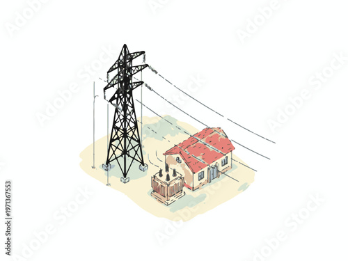 Isometric electric pylon with substation building and transformer