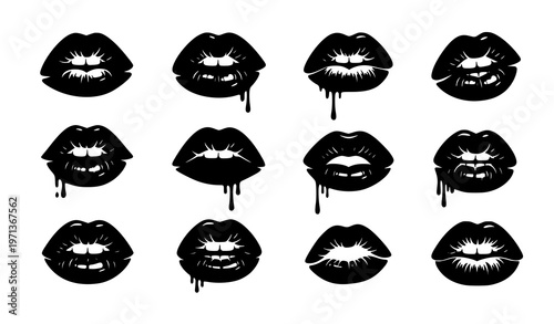 Artistic kiss lips silhouette icon set with bold romantic lipstick shapes for valentines day vector illustration