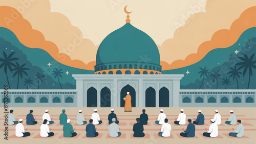 Muslims praying at mosque with green dome people in white and blue robes serene evening sky with clouds and palm trees