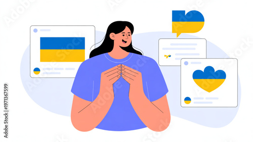 Woman with hands together in prayer or contemplation surrounded by ukraine flag symbols and social media graphics