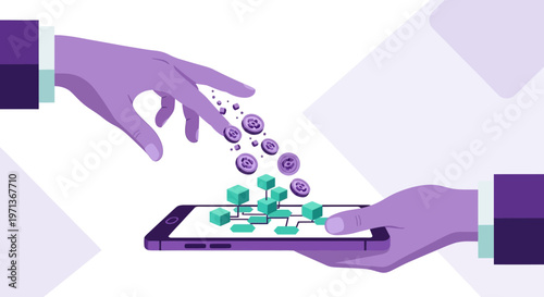 Digital payment concept with hands transferring cryptocurrency to a smartphone