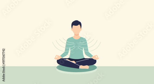 Person meditating in lotus position with breathing visualization