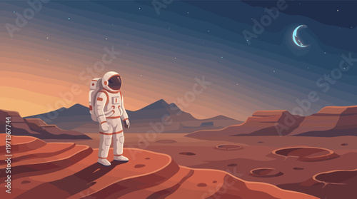 Vector illustration of an astronaut on a mission exploring a Mars-like planet. Concept for space travel, discovery, science, and the future of humanity.