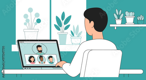 Young man working from home on a laptop video call with colleagues