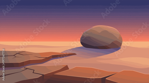 A serene vector illustration of a barren rocky landscape at sunset. The minimalist style and warm gradient sky create a peaceful, alien mood. Ideal for backgrounds and concepts.