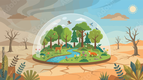 Conceptual vector illustration of climate change. A vibrant ecosystem is protected under a glass dome, contrasted with a polluted, barren landscape. For ecology, Earth Day.