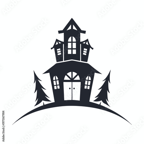Two silhouetted solid haunted houses on a hill illustration