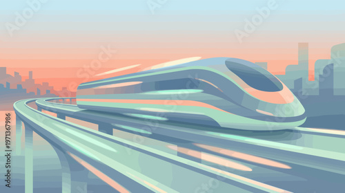 A futuristic high speed train travels on an elevated track through a modern city at dawn. Vector illustration concept for technology, innovation, and future urban transport.