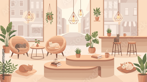A cozy, modern cat cafe interior with sleeping cats, plants, and warm light. A peaceful and relaxing vector illustration perfect for pet-friendly business promotions.