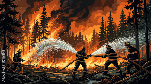 A dramatic illustration of firefighters heroically battling a massive forest fire. Concepts of bravery, teamwork, danger, and environmental disaster. Vector art style.