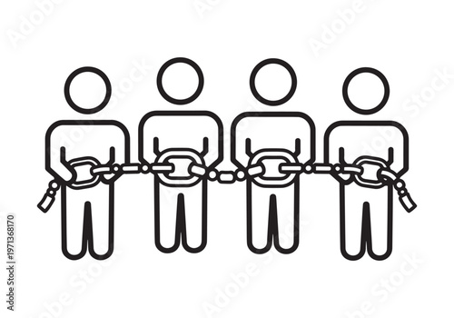 Conceptual illustration of four human silhouettes joined together by a single continuous chain. Vector, illustration