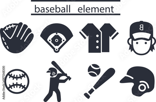 Baseball Equipment Icon Set with Bat, Glove, Field Diamond and Player Silhouettes