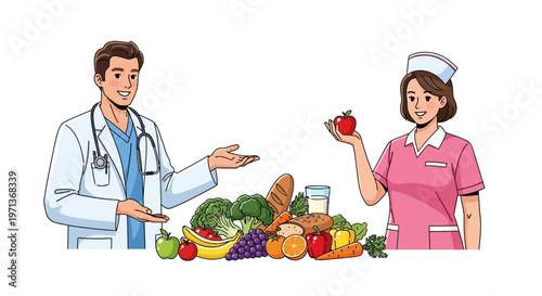 Doctor and nurse with fresh vegetables.