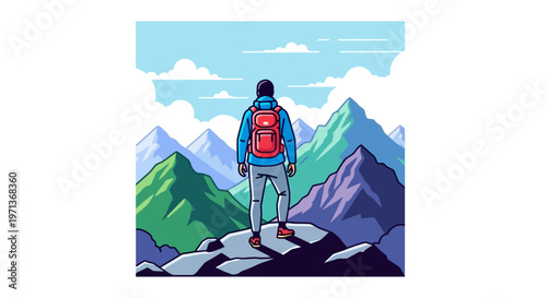 Person standing on mountain peak looking out.