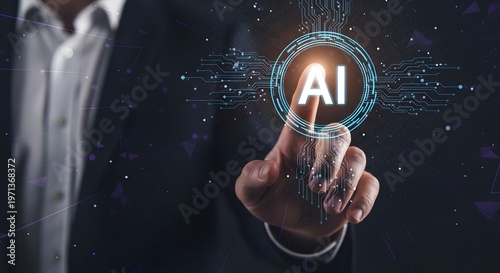 Businessman interacting with artificial intelligence interface on finger touch with glowing blue circuit board and ai logo in dark background with purple shapes