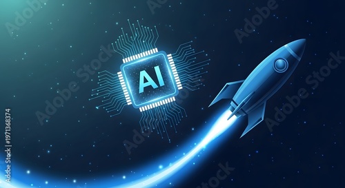 A futuristic illustration of a rocket launching with an ai microchip in space with a starry night background and glowing blue lights
