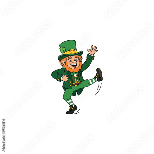 Cartoon leprechaun dancing happily alone.