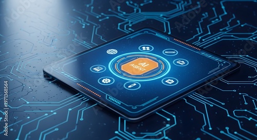 A futuristic ai agent interface on a digital circuit board background with glowing blue lines and icons